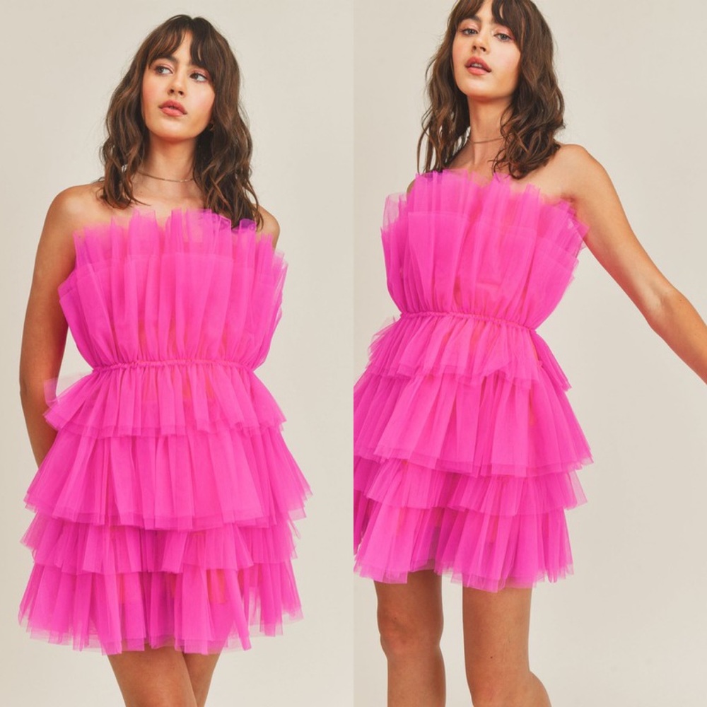 🦃BLACK FRIDAY SALE🦃 Life Of The Party Hot Pink Layered Tulle Mini Dress - Picture 4 of 15